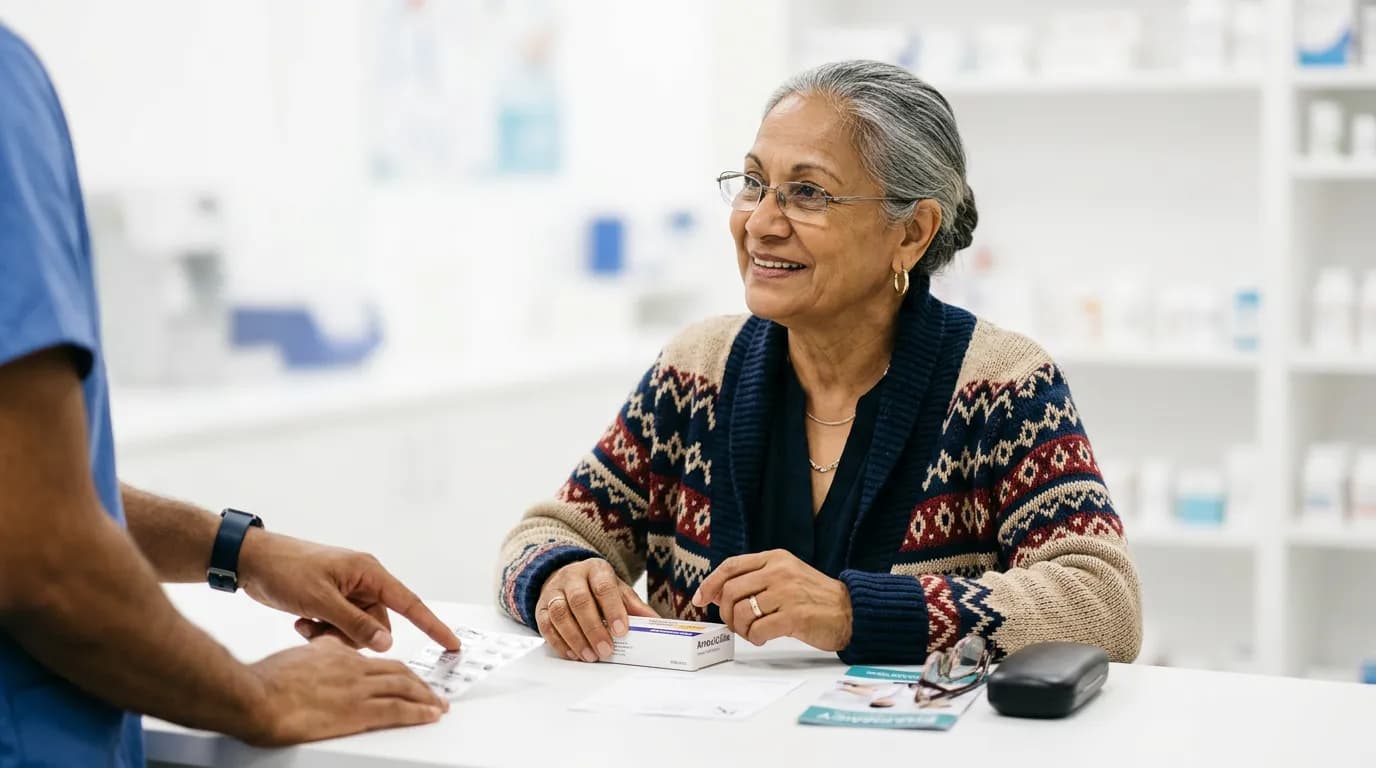 Amy counseling a patient at the counter